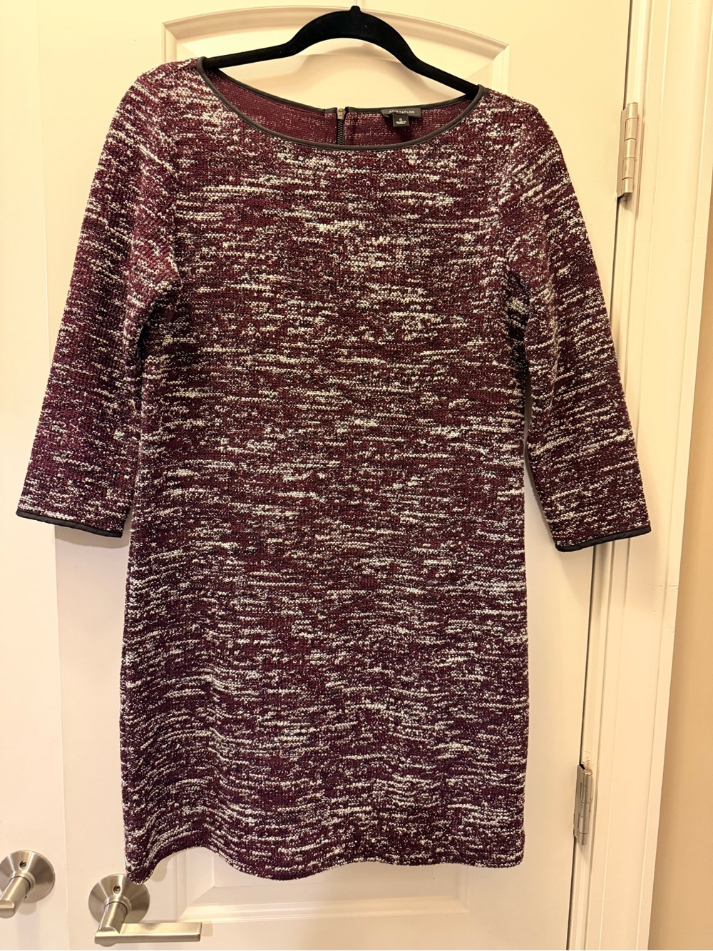 Ann Taylor Burgundy Tweed Faux Leather Trim Shift Dress